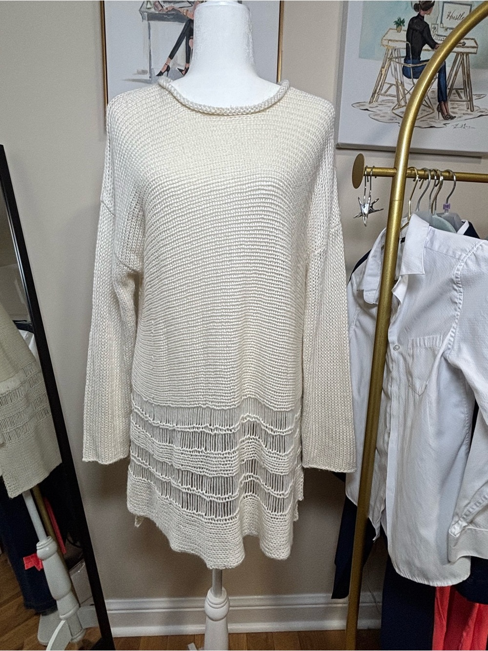 Show Me Your Mumu Paula Open-Knit Tunic Sweater Cream Small